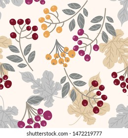 Seamless repeat pattern with sophisticated leaves and berries, twigs, branches in balanced neutral colors with a touch of mustard and wine