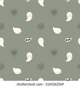 Seamless repeat pattern with spider webs, kawaii ghosts on gray. Hand drawn vector illustration. Line drawing. Design concept for Halloween party, textile print, wallpaper, wrapping paper.