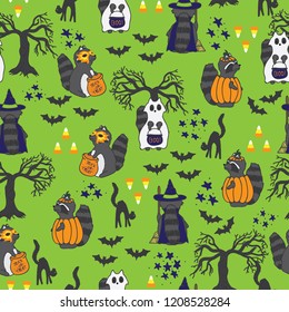 Seamless repeat pattern spooky halloween raccoons in costumes with dead tree, cats, bats, and more. Great for halloween themed party decor, costumes, kids clothes, fabric and more.