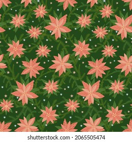 Seamless repeat pattern with spruce sprigs and poinsettia flowers. Lovely hand drawn flat vector illustration . Christmas or New Year design for wrapping, textile, card on green background.