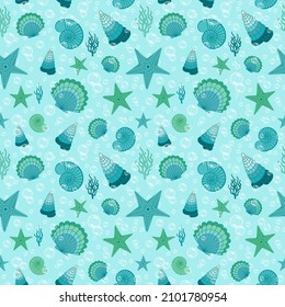 Seamless repeat pattern. Starfish, seashells, seaweed and bubbles underwater. Blue and green.
