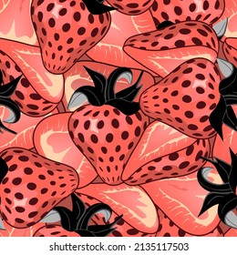 Patrón de repetición sin inconvenientes con fresas en dibujos animados.Las bayas jugosas se organizan de forma caótica.Fondo vintage audaz y textura para imprimir sobre telas y papel.Ilustración vectorial de moda.