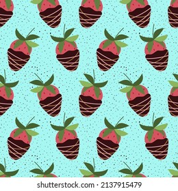 Seamless repeat pattern with strawberry in dark chocolate. Vector, flat
