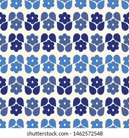 Seamless repeat pattern of stylized indigo blue flowers and leaves in a geometric pattern. A modern floral vector design.