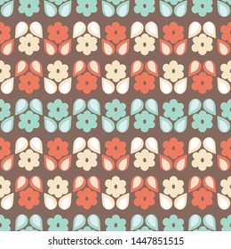 Seamless repeat pattern of stylized retro flowers and leaves in a geometric pattern. A vintage floral vector design.
