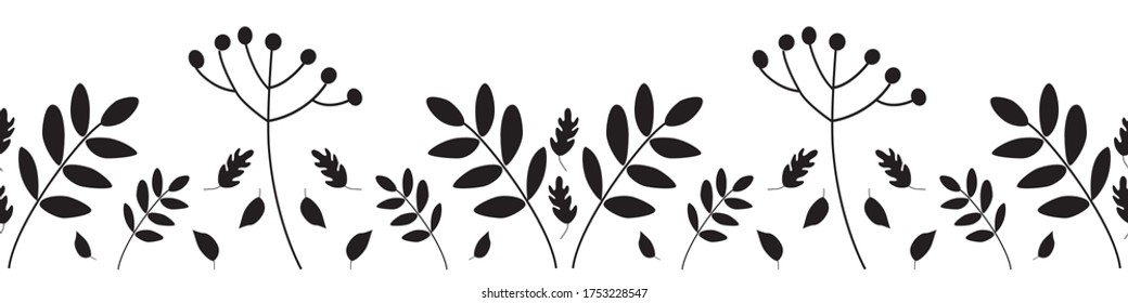 Seamless repeat pattern suitable for full coverage or border showing foral design in black silhouette on a white background.  Tile, wallpaper, fabric design, surface pattern