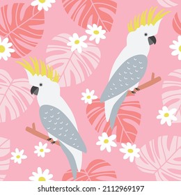 Seamless Repeat Pattern Summer Cockatoos Parrots Australian Sulphur Crested Yellow Monstera Floral Pink