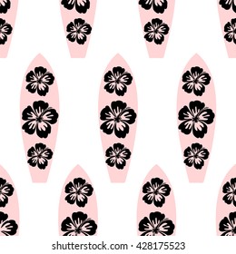 Seamless repeat pattern with surf boards in pink and black on white background.