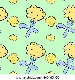 Seamless repeat pattern surface design of cutlery spoon and fork and porridge. Kawaii background cute cartoon pictures doodle style colorful, hand drawn children