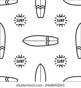 Patrón de repetición sin fisuras con tablas de surf y sol. Verano, surf, tablas de surf, textura, Plantilla de Fondo de pantalla. Diseño para telas de moda, gráficos textiles, estampado y camiseta. Ilustración vectorial