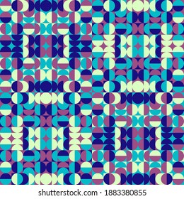 Seamless repeat pattern swatch. Abstract geometric vector design. Bauhaus inspired circles and squares, shape grid. Wallpaper, background, home ware, wrapping paper, products, textiles, documents. 