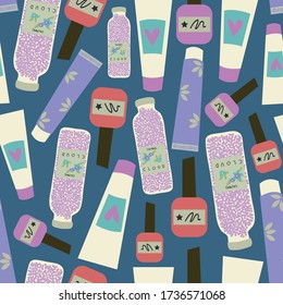 Seamless repeat pattern swatch with beauty and self-care vector elements.