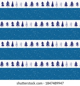 Seamless repeat pattern swatch. Christmas trees on white stripes and snowfall background. Festive wallpaper, backdrop, paper or textile print. Wrapping paper, winter fabric, gift products, packaging.