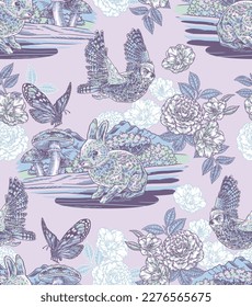 SEAMLESS REPEAT PATTERN SWATCH HAND DRAWN CUTE BUNNY RABBIT BUTTERFLY FLOWER FLORAL OWL WOODLANDS FOREST FANTASY LANDSCAPE SCENE MUSHROOMS PAINTED VINTAGE PRINT FOR APPAREL MERCHANDISE