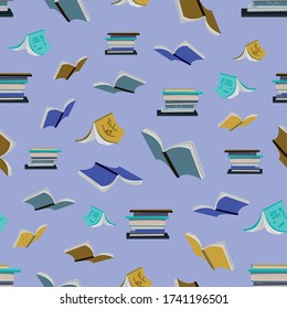 Seamless repeat pattern swatch. Vector design of piled up books and books open for reading or study, blue background.