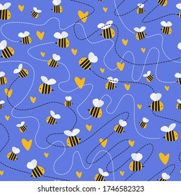 Seamless repeat pattern swatch. Vector design with cute bees, hearts and dashed lines. 