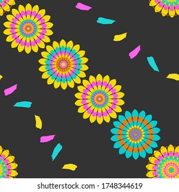 Seamless repeat pattern swatch. Vector design of geometric mandala floral elements and brushstrokes. Bright, bold, party feel for textile print, surface design, paper, gift products, backgrounds.   