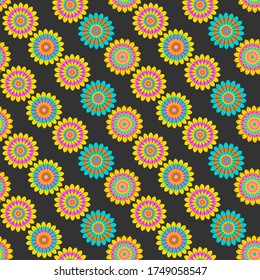Seamless repeat pattern swatch. Vector design of mandala style flowers. Bold, colourful geometric floral with a party, fiesta, festival feel. Paper and textile print or decorative background.