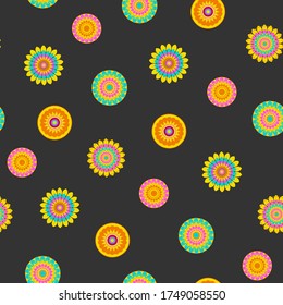 Seamless repeat pattern swatch. Vector design of mandala style flowers. Bold, colourful geometric floral with a party, fiesta, festival feel. Paper and textile print or decorative background.