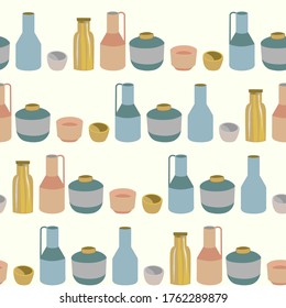 Seamless repeat pattern swatch. Vector design of Scandinavian style ceramic pots. Background, textile or paper print. Wallpaper, packaging, cooking or kitchen products, interior decor pattern.     