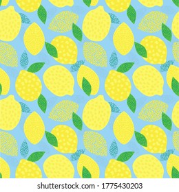 Seamless repeat pattern swatch. Vector design of lemons and leaves. Wallpaper or background. Textile or paper print- gift ware, stationery. Summer fruit fashion fabric. Packaging, wrapping paper etc.