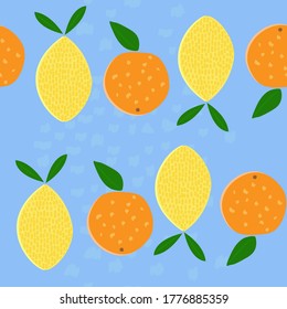 Seamless repeat pattern swatch. Vector design of lemons and oranges with leaves. Background, wallpaper, textile or paper print. Kitchen products, packaging, summer interior or fashion fabrics. 