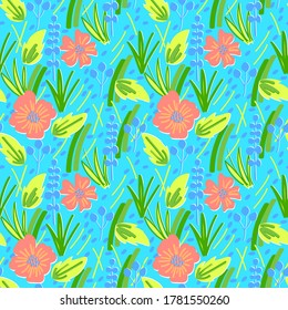 Seamless repeat pattern swatch. Vector design of tropical leaves and flowers. Summer textile or paper print. Swimwear, fashion, interior, wrapping paper, wallpaper, background. Bold colourful floral. 