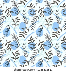 Seamless repeat pattern swatch. Vector design of leafy branches, brushstrokes and abstract shapes. Wallpaper, background, textile or paper print. Fashion, packaging, interiors, home ware.  