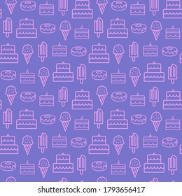 Seamless repeat pattern swatch. Vector design of cake, ice cream and doughnut icons and symbols. Background, wallpaper,  paper or textile print. Stationary and gift wrap, fashion, product/packaging.