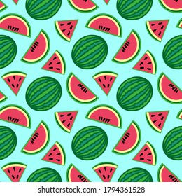 Seamless repeat pattern swatch. Vector design of watermelon fruit. Fun   summer pattern for wallpaper, background, paper or textile print. Fashion, stationery, gift ware, home products, packaging. 