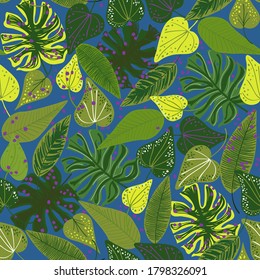 Seamless repeat pattern swatch. Vector leaf design, hand drawn tropical jungle plants. Wallpaper, background, digital, textile or paper print. Products, packaging, fashion, gift ware, stationery etc. 