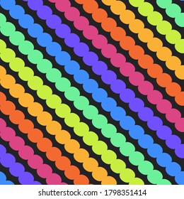 Seamless repeat pattern swatch. Vector design of circles in diagonal rainbow stripes. Fun geometric for wallpaper, background, textile or paper print. Gift ware, stationery, party products, fashion,  