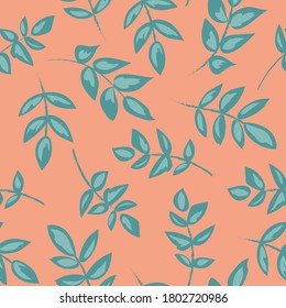 Seamless repeat pattern swatch. Vector design in 3 colours. All over, scatter print of leafy branches on background. Digital or textile for fashion or interior decor, product, gift ware, stationery.  