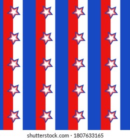 Seamless repeat pattern swatch. Vector design in red, white and blue. USA flag inspired stars and stripes. Wallpaper, backdrop, banner, poster, products. Digital, textile or paper print.  