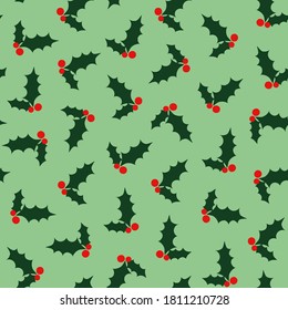 Seamless repeat pattern swatch. Vector design. Festive branches of holly leaves and berries. Wallpaper, background, wrap, stationery, home or gift products, seasonal packaging. 