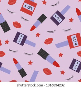 Seamless repeat pattern swatch. Vector design. Lipstick, nail varnish, lips and eye lashes with stars. Textile or paper print. Fashion or beauty products. Packaging, accessories, background, wallpaper