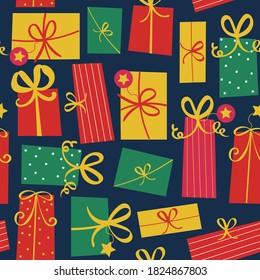Seamless repeat pattern swatch. Vector design of wrapped presents with ribbon bows. Festive wallpaper, background, paper or textile print. Wrapping paper, cards, gift products etc.