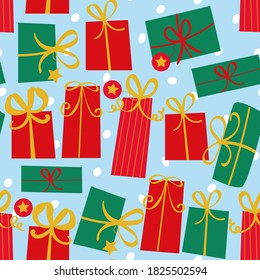 seamless repeat pattern swatch. Vector design, wrapped presents with ribbon bows and snow fall background. Wallpaper, backdrop, textile or paper print. Gift ware, seasonal home products, wrap, etc. 