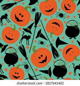 Seamless repeat pattern swatch. Vector design for halloween. Background, wallpaper, textile or paper print. Products, packaging, invitations, tableware, decorations,  social media/website.