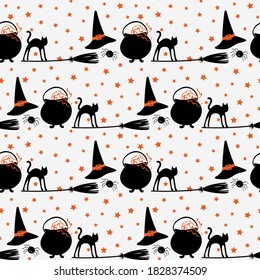 Seamless repeat pattern swatch. Vector design of halloween elements in a stripe layout. Wallpaper, background, digital, paper or textile print. 