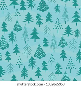 Seamless repeat pattern swatch. Vector design of stylised fir trees on hills. Background, wallpaper, textile or paper print. Seasonal fashion, wrap, cards, gift products or packaging. 