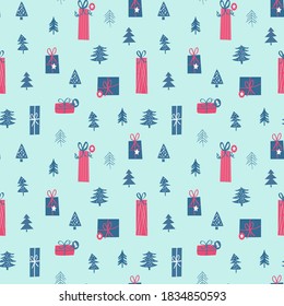 Seamless repeat pattern swatch. Vector design of stylised fir trees and gifts. Background, wallpaper, textile or paper print. Wrap, cards, gift ware. Christmas or other seasonal holiday products.