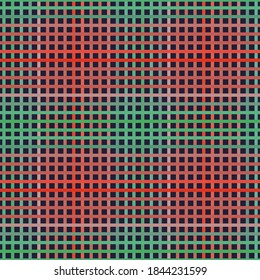 Seamless repeat pattern swatch. Vector design. Geometric grid pattern. Woven fabric effect. Background, wallpaper, textile or paper print. Reds and greens for Christmas/seasonal products.
