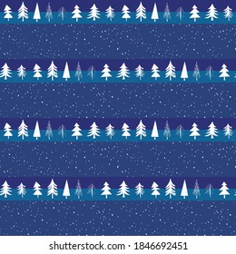 Seamless repeat pattern swatch. Vector design of snow and fir trees. Christmas, new year, seasonal holidays. Festive background, wallpaper, greetings card, wrap, gift products, tableware, textiles.