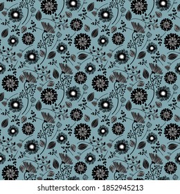 Seamless repeat pattern swatch. Vector design of trailing branches and flowers. Black and white floral. Wallpaper style pattern. Background, textile or paper print. Fashion or interior products.