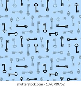 Seamless repeat pattern swatch. Vector design of traditional ironwork keys. Hand drawn. Background, wallpaper, signs, packaging, textile or paper print. 
