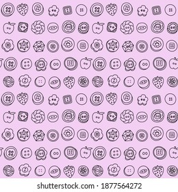 Seamless repeat pattern swatch. Vector design of fun, cute clothes buttons. Background, wallpaper, textile or paper print. Fashion, accessories, products, packaging. Quilting, craft, sewing etc.