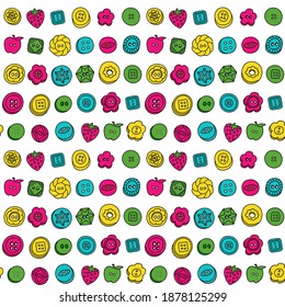 Seamless repeat pattern swatch. Vector design of colourful, hand drawn clothes buttons. Background, wallpaper, textile or paper print. Accessories, craft, dressmaking, sewing, kids wear, haberdashery.