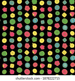 Seamless repeat pattern swatch. Vector design of colourful, hand drawn clothes buttons. Background, wallpaper, textile or paper print. Accessories, craft, dressmaking, sewing, kids wear, haberdashery.