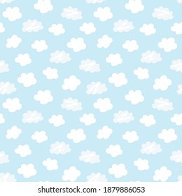 Seamless repeat pattern swatch. Vector design, blue sky with fluffy clouds. Wallpaper, background, paper or textile print. Cute pattern for nursery, kids wear, stationery baby products, wrap etc.